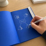 Writing a white-ink mind map on blue notebook pages