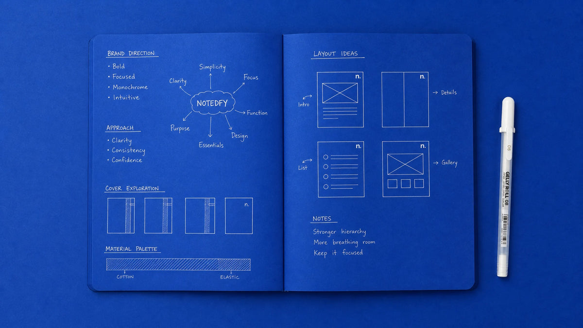 An open blue notebook with white-ink sketches and a mind map