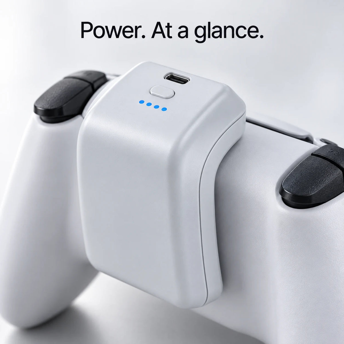 PlayPack USB-C charging input, power button and four blue LED charge indicators