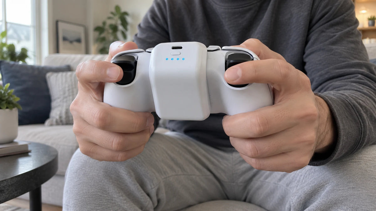 PlayPack mounted to the back of a standard DualSense controller in an adult player's hands