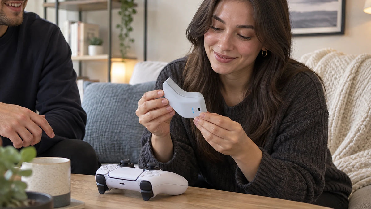 An adult woman receiving a white PlayPack battery as a gift, with a controller separately on the table