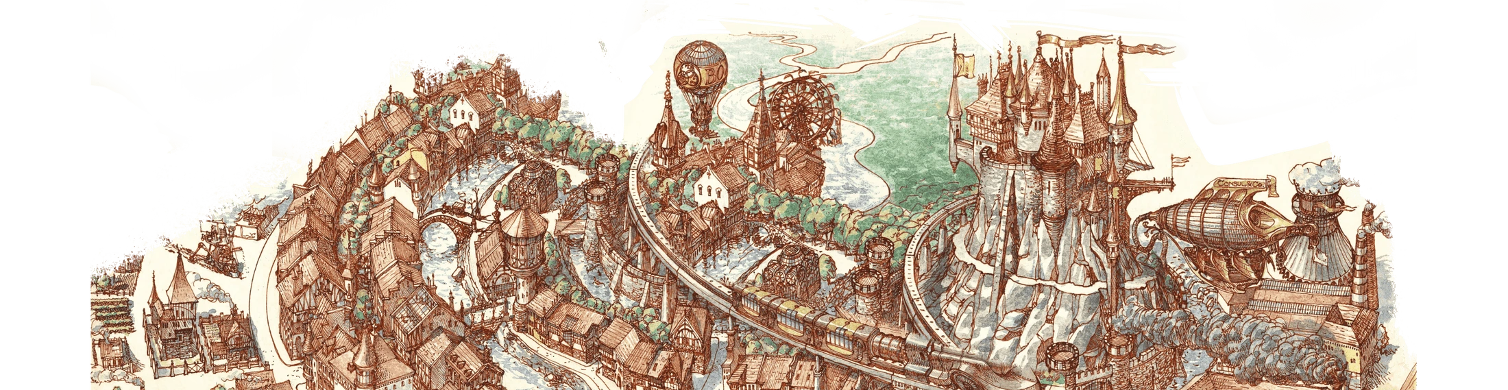 An illustrated city filled with inventions