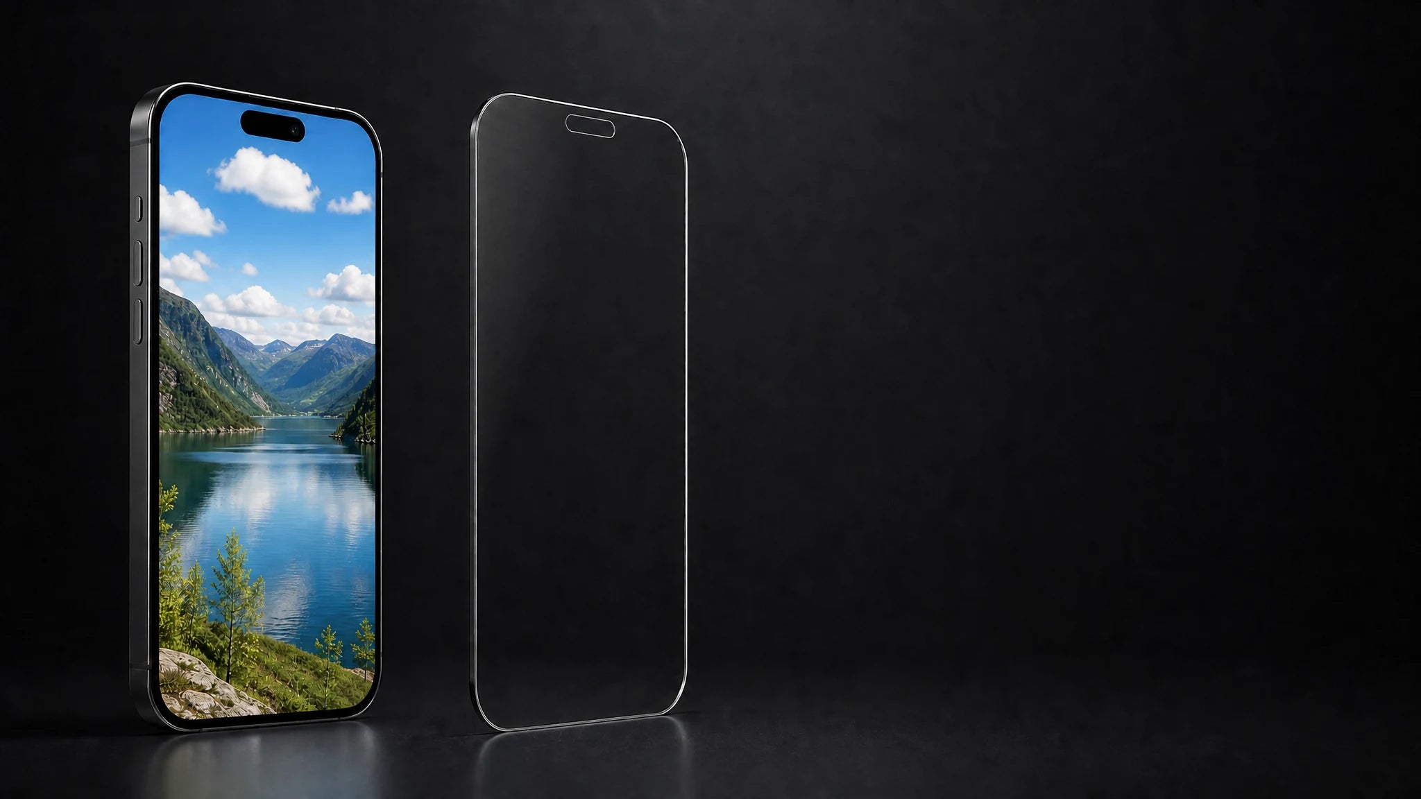 Clear glass filter beside a phone with a natural, full-color screen